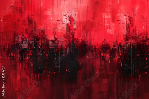 Mesmerizing red data rain composed of intricate code descends upon a dark, ethereal landscape. Glowing digital lines and subtle sparkles hint at a futuristic world.