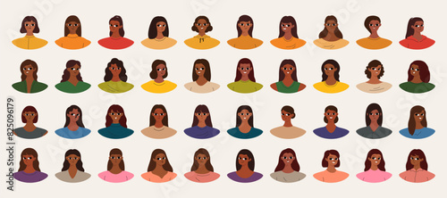 Set of user profiles. Smiling black woman avatar collection. Chat icons  different faces. Isolated flat illustrations bundle.