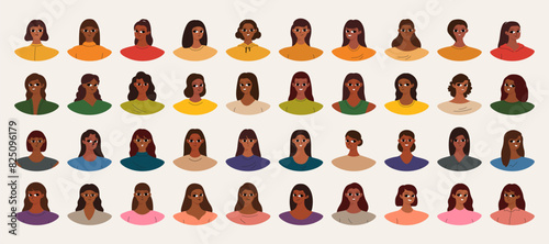 Set of user profiles. Smiling black woman avatar collection. Chat icons, different faces. Isolated flat illustrations bundle.
