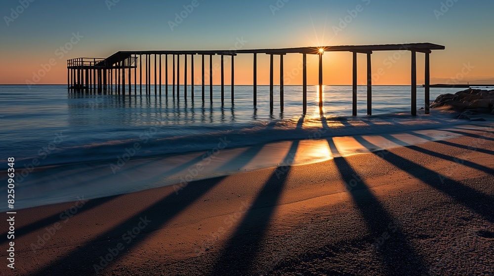 A serene moment at sunrise on a beach with the silhouette of a jetty extending into the sea, the wooden structure casting long shadows over the water.