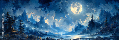 hauntingly beautiful printable mural of a mysterious moonlit forest suited for adorning the walls of a hotel lobby creating a serene and enchanting atmosphere for guests photo