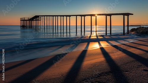 A serene moment at sunrise on a beach with the silhouette of a jetty extending into the sea  the wooden structure casting long shadows over the water.