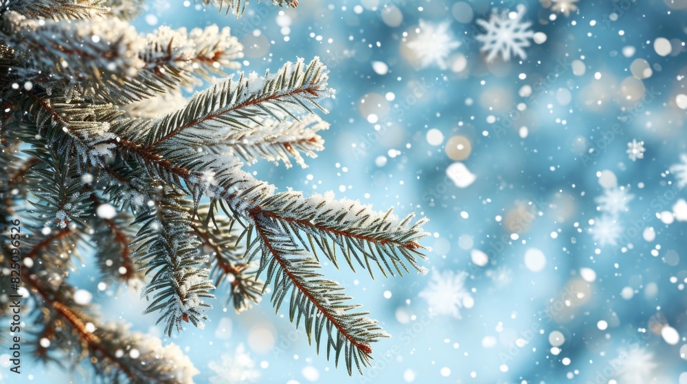 A snow covered pine tree branch with snowflakes falling on it. Concept of tranquility and peacefulness, as the snowflakes gently fall on the tree, creating a serene atmosphere A snow covered pine tree branch with snowflakes falling on it. Concept of tranquility and peacefulness, as the snowflakes gently fall on the tree, creating a serene atmosphere