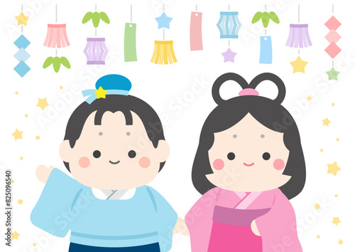 七夕のイラスト、乙姫と彦星と笹飾り