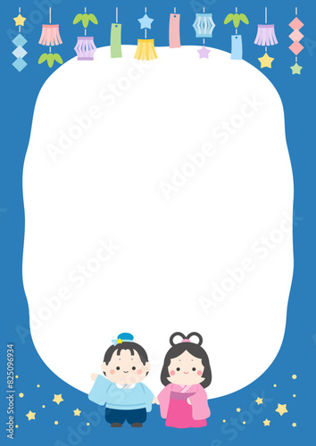 七夕のかわいいフレーム背景素材、彦星と織姫と笹飾りのベクターイラスト02