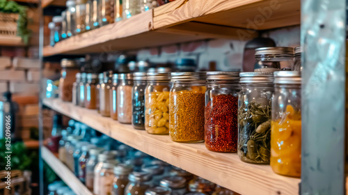 A shelf full of glass jars with various spices and herbs © Napat