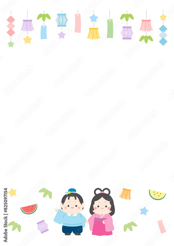 七夕のかわいいフレーム背景素材、彦星と織姫と笹飾りのベクターイラスト01 七夕のかわいいフレーム背景素材、彦星と織姫と笹飾りのベクターイラスト01