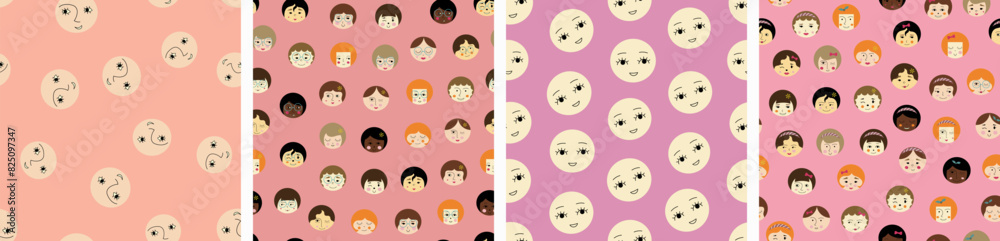 Four seamless patterns, nice girlish faces. Universal continuous prints, female portrait, seamless design for stationery, branding. Four seamless patterns, nice girlish faces. Universal continuous prints, female portrait, seamless design for stationery, branding.