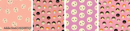 Four seamless patterns, nice girlish faces. Universal continuous prints, female portrait, seamless design for stationery, branding.