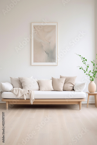 A Scandinavian-inspired living room with a pale wood floor, a simple white sofa, and a blank white frame hung above