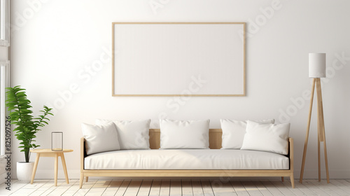 A Scandinavian-inspired room with a mix of light wood furniture, a white sofa, and a blank empty white frame mockup on the wall.