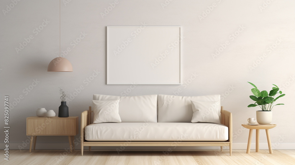 A Scandinavian-inspired room with a mix of light wood furniture, a white sofa, and a blank empty white frame mockup on the wall. A Scandinavian-inspired room with a mix of light wood furniture, a white sofa, and a blank empty white frame mockup on the wall.