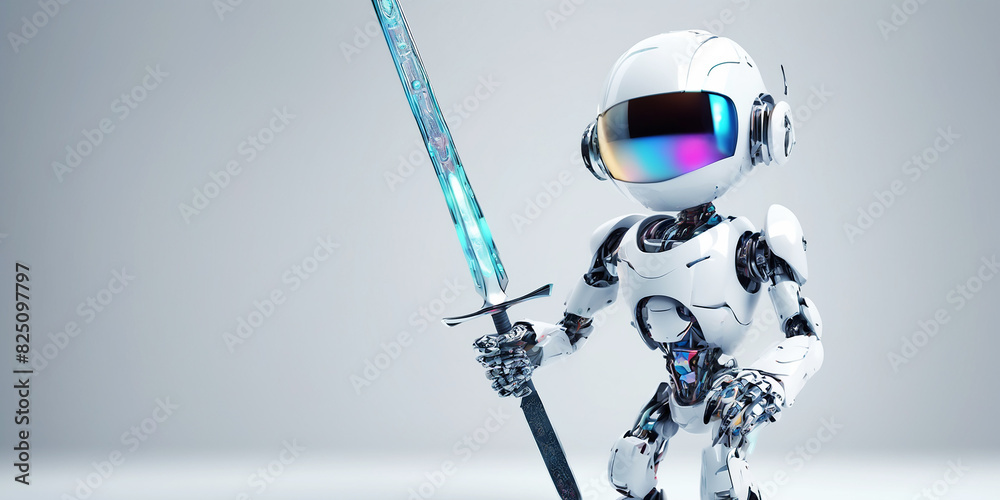 3D ai robot with sword, warrior concept with light background copy space