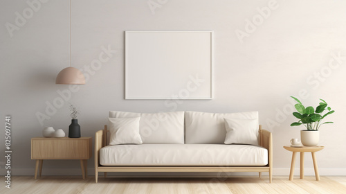 A Scandinavian-inspired room with a mix of light wood furniture  a white sofa  and a blank empty white frame mockup on the wall.