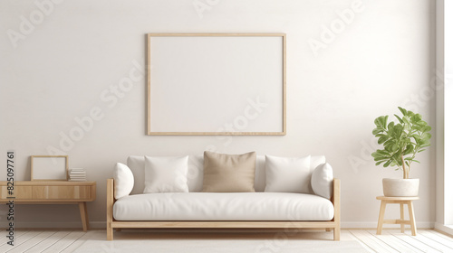 A Scandinavian-inspired room with a mix of light wood furniture, a white sofa, and a blank empty white frame mockup on the wall.