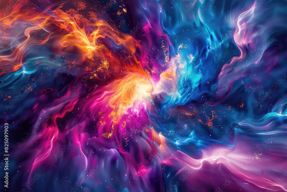 Fototapeta premium Influenza particles swirling in a chaotic pattern, Psychedelic, Bright Neon Colors, Digital Art, Representing viral chaos