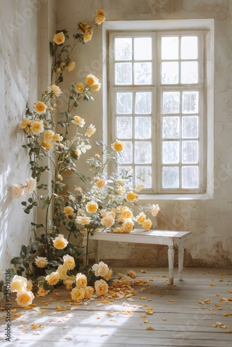 yellow flower roses white wedding minimalistic dreamy room with table and window  ai