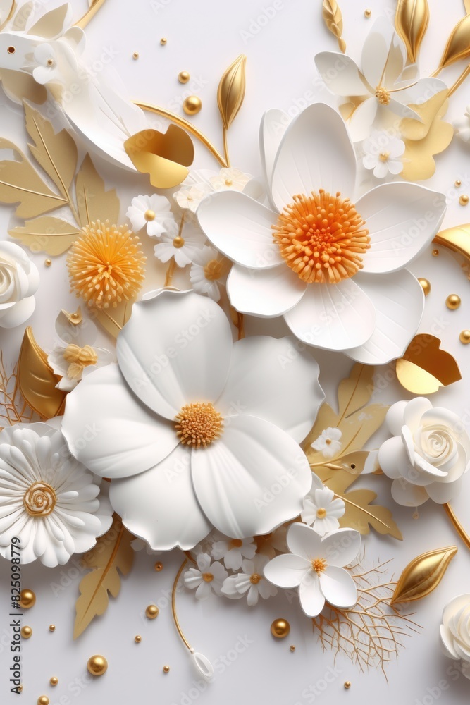 A gold and white flower arrangement with a gold leaf in the center. The flowers are arranged in a way that creates a sense of movement and flow A gold and white flower arrangement with a gold leaf in the center. The flowers are arranged in a way that creates a sense of movement and flow