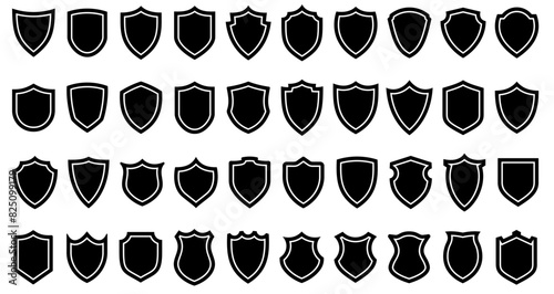 ПечатьShield icons set. Black shields of different shapes in flat graphic design. Vector illustration