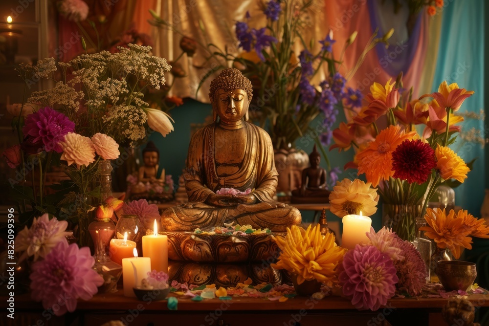 Golden buddha statue in a meditative setting surrounded by candles and vibrant flowers