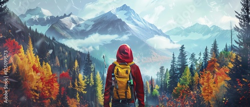 A young man wearing a red hood and yellow backpack is hiking in a colorful autumn forest with mountain backgrounds, in the style of digital art.