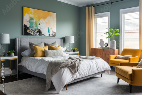 A serene bedroom adorned with a mint-green wall  a sleek slate-gray chair  and accents of mustard yellow  creating a tranquil ambiance.