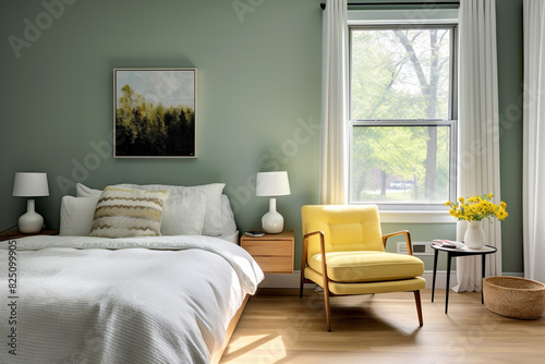 A serene bedroom adorned with a mint-green wall, a sleek slate-gray chair, and accents of mustard yellow, creating a tranquil ambiance.