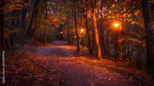 Autumn Pathway Illuminated by Street Lamps in a Forest at Dusk