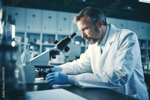 A man in a lab coat is looking through a microscope. He is wearing gloves and he is focused on his work