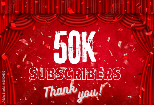 Vector Illustration of 50K Subscribers Celebration in Red - Festive Concept with Confetti and Streamers - Milestone Achievement - Vector Format for Social Media, Web, and Promotion