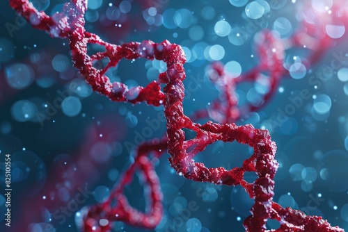 Ilustración en 3D de una doble hélice de ADN roja y la estructura celular humana en primer plano photo