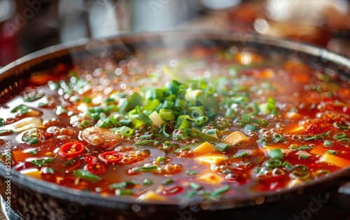 A bowl of soup with a lot of green onions and red sauce © hakule