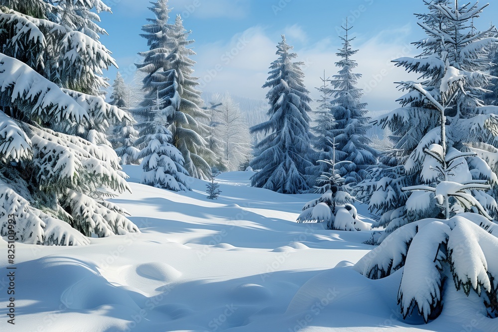 Naklejka premium Beautiful landscape with snow covered fir trees and snowdrifts.Merry Christmas and happy New Year greeting background with copy-space.Winter fairytale.