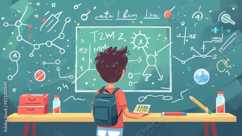 A 2D flat style illustration of a student character solving a math problem on a blackboard. The background is minimalistic, focusing on the educational tools like chalk and a blackboard. photo