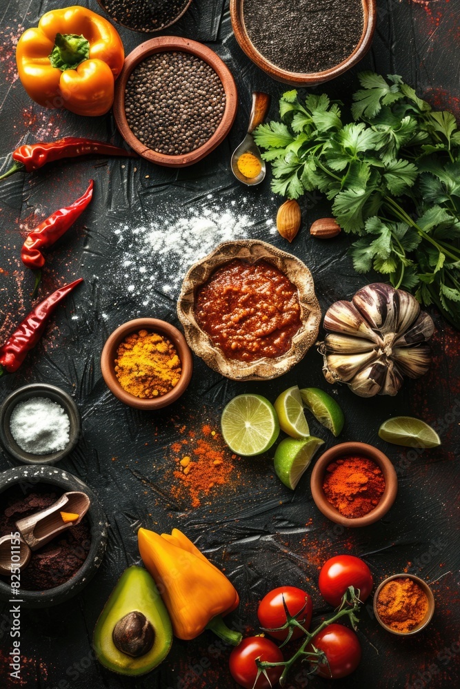 A table with a variety of spices and vegetables. The spices include cumin, chili powder, and garlic. The vegetables include tomatoes, peppers, and avocados