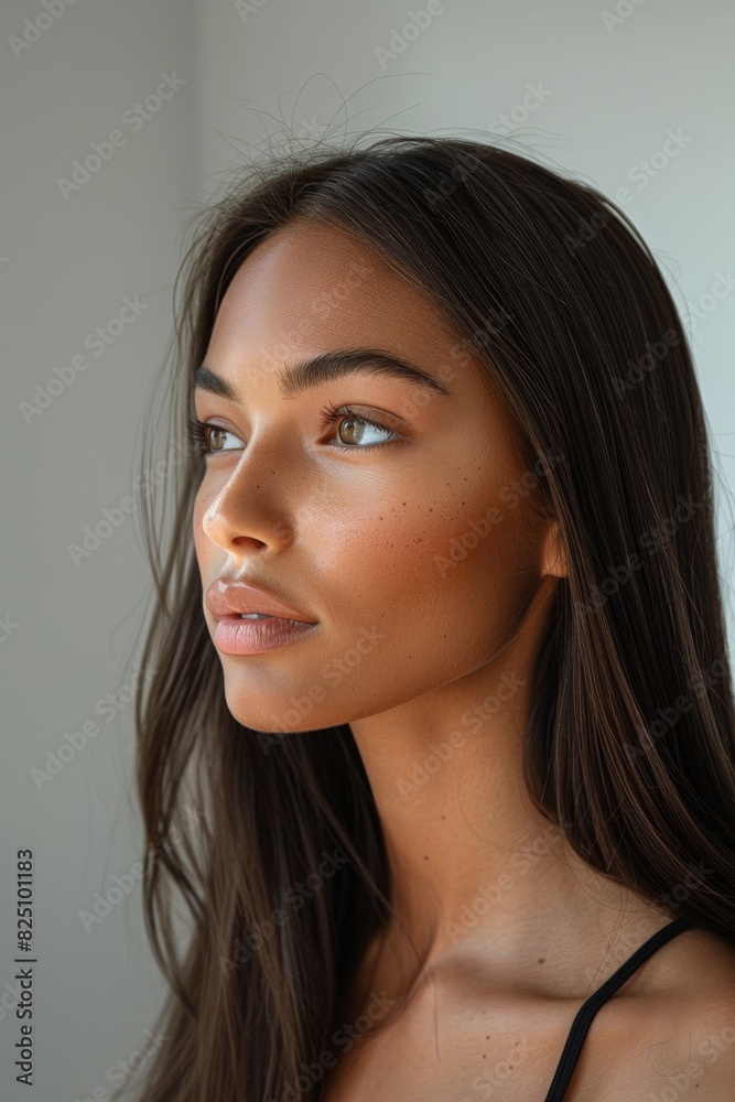 A brunette beauty's portrait radiates elegance with flawless makeup, captivating eyes, and charming charisma. A brunette beauty's portrait radiates elegance with flawless makeup, captivating eyes, and charming charisma.