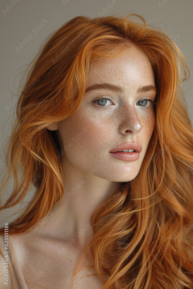 In a shining portrait, a young redhead model exudes beauty with colorful makeup and luscious curls. In a shining portrait, a young redhead model exudes beauty with colorful makeup and luscious curls.