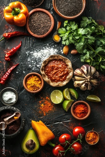 A table with a variety of spices and vegetables. The spices include cumin, chili powder, and garlic. The vegetables include tomatoes, peppers, and avocados
