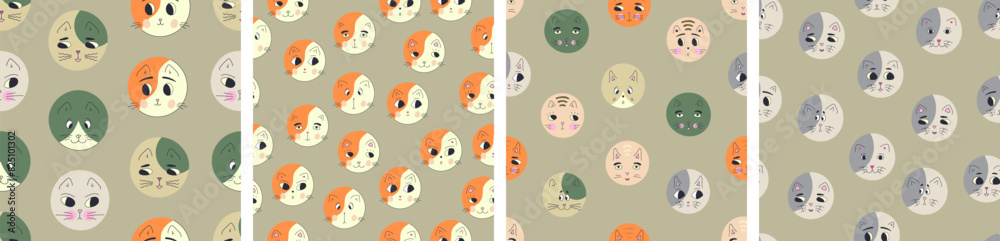 Four surface patterns pack, black eyes cats. Repeating print, round cat muzzle, bright colorful composition. Four surface patterns pack, black eyes cats. Repeating print, round cat muzzle, bright colorful composition.