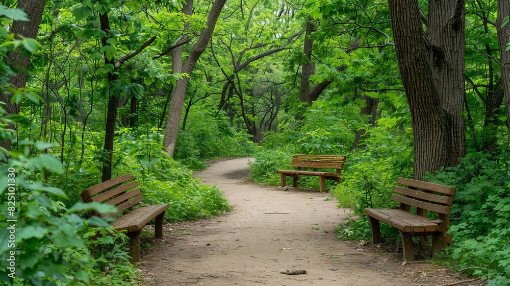 Forest Path with Wooden Benches in Lush Greenery on a Tranquil Summer Day Forest Path with Wooden Benches in Lush Greenery on a Tranquil Summer Day