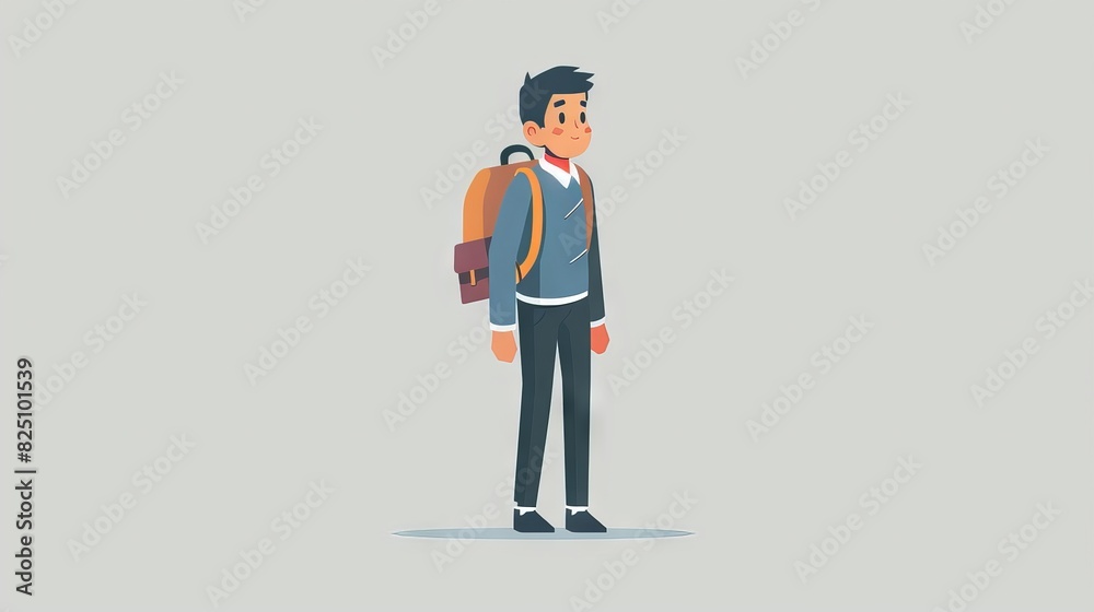 A student character in a 2D flat style illustration, wearing a school uniform and carrying a backpack. The background is simple, focusing on the theme of school routine.