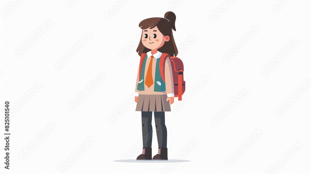 A student character in a 2D flat style illustration, wearing a school uniform and carrying a backpack. The background is simple, focusing on the theme of school routine.