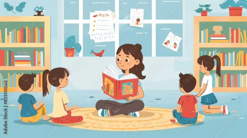 A 2d Flat Style Illustration Of A Teacher Character Reading A Storybook 