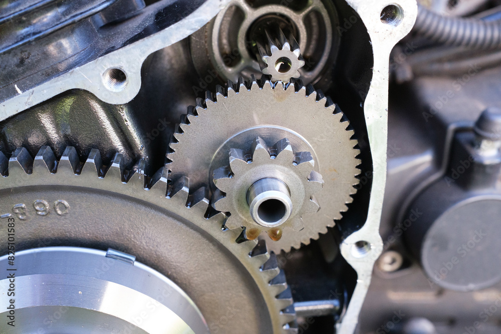The gears of a motorcycle transmission
