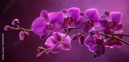 A set of vibrant purple orchids in full bloom  arranged against a purple background that complements the flowers  exotic beauty and vivid colors.