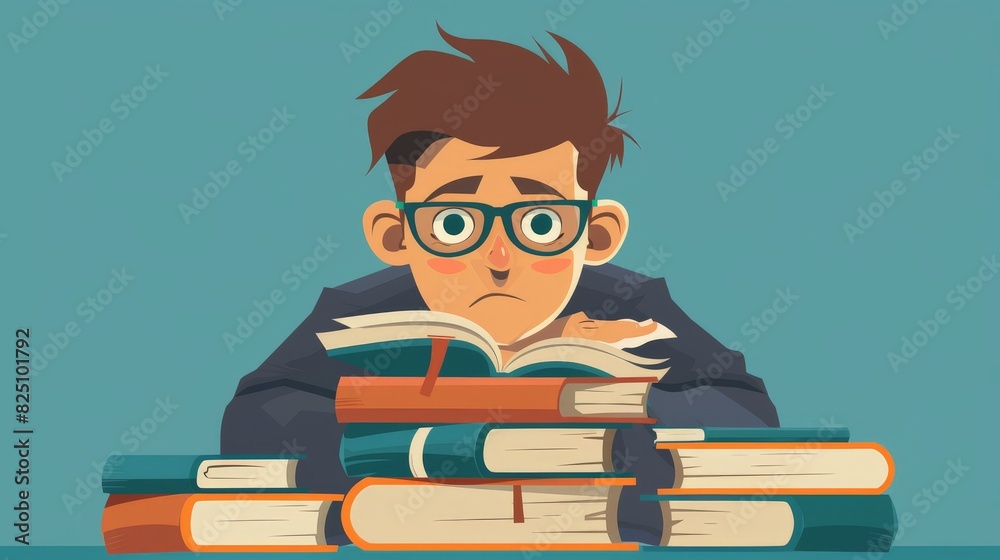 A 2D flat style illustration of a student character studying for a test with a stack of books. The background is simple, focusing on the academic preparation theme. A 2D flat style illustration of a student character studying for a test with a stack of books. The background is simple, focusing on the academic preparation theme.