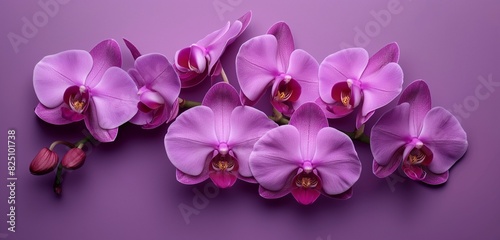A set of vibrant purple orchids in full bloom  arranged against a purple background that complements the flowers  exotic beauty and vivid colors.