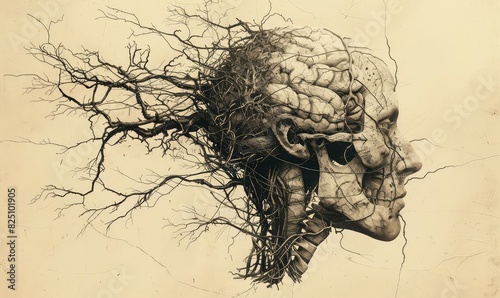 Neurological disorder depicted as tangled wires within a brain, Steampunk Style, Sepia Tone, Illustration, Representing malfunctioning neural connections photo