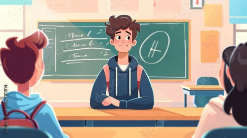 A student character in a 2D flat style illustration, participating in a classroom discussion. The background is minimal, with a chalkboard and a few desks.