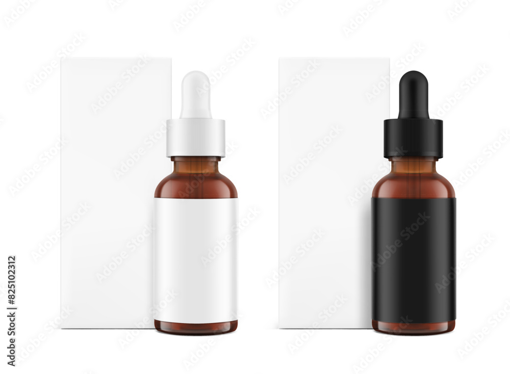 Realistic paperboard packaging box mockup with dropper bottle mockup isolated on white background. Vector illustration. Сan be used for cosmetic, medical and other needs. EPS10. Realistic paperboard packaging box mockup with dropper bottle mockup isolated on white background. Vector illustration. Сan be used for cosmetic, medical and other needs. EPS10.